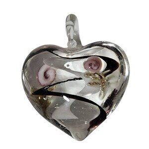 Handcrafted Heart Shaped Glass Pendant Art Deco Swirl Gold Accents DIY Jewelry